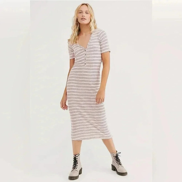 FREE PEOPLE FP BEACH LULU STRIPED HENLEY MIDI RIBBED V NECK DRESS / Size XS / - Picture 1 of 7